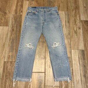 Levi’s 501xx Vintage Denim Jeans with White Embroidered Roses